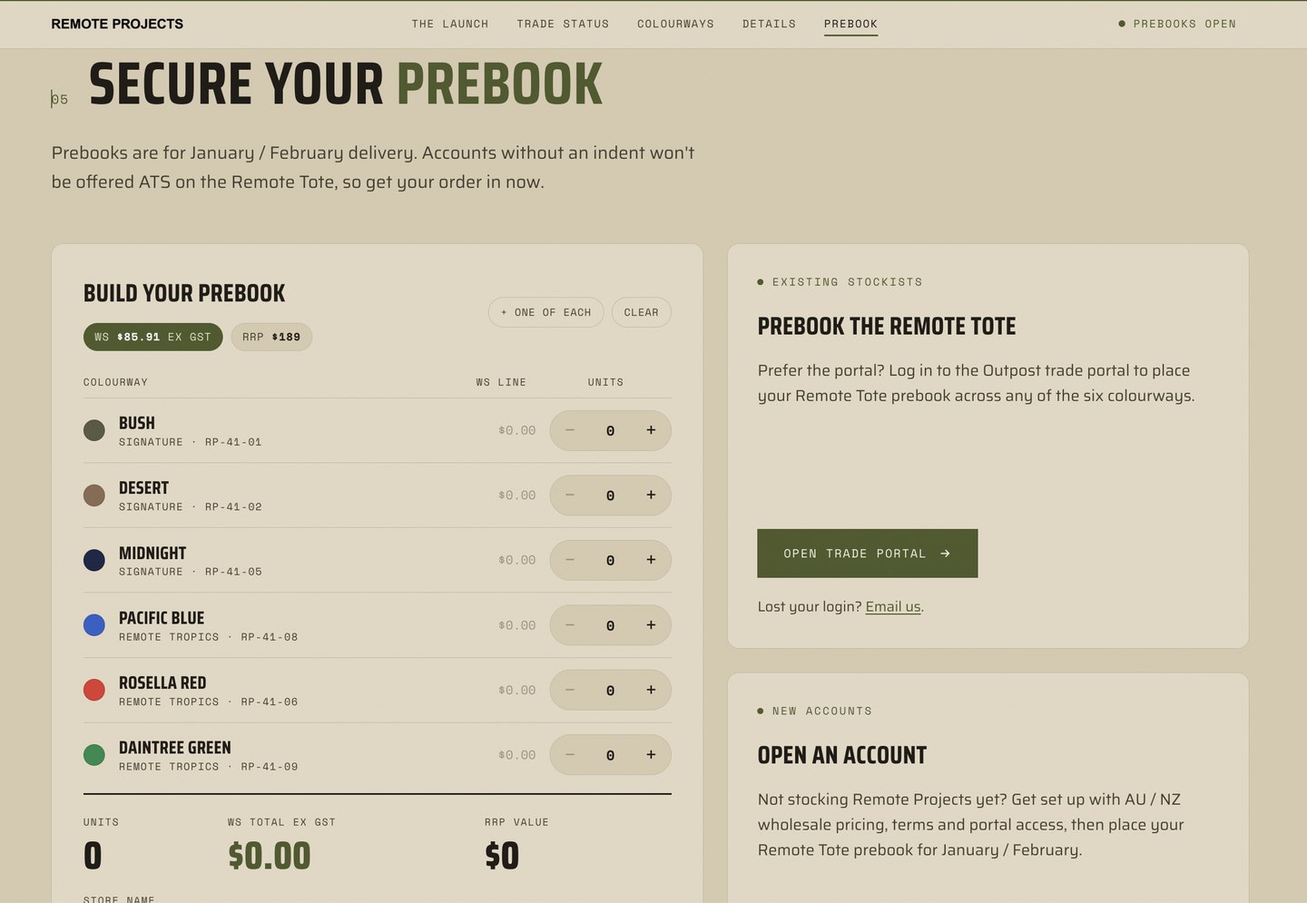 Trade pack: Remote Projects Prebook builder
